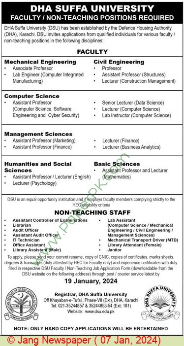 Professor jobs in Karachi at Dha Suffa University on January 07,2024 ...