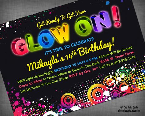 Glow Neon Black Light Party Customized Printable Invitation