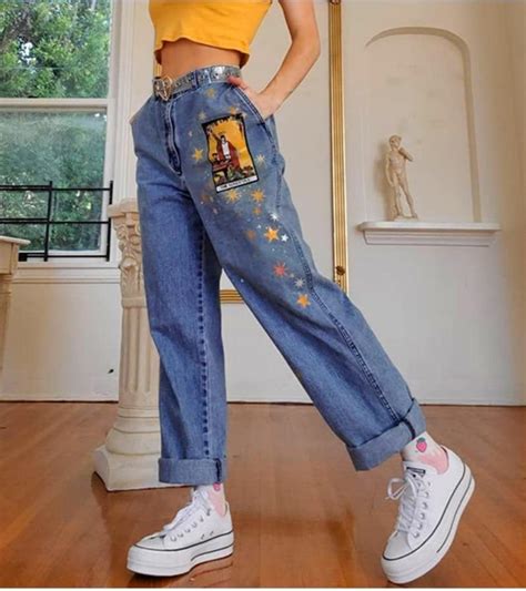 AESTHETIC VINTAGE ART HOE PRINTED DENIM PANTS - Cosmique Studio