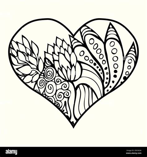 Zentangle heart with abstract floral pattern inside. Design element for Valentine`s day. Adult ...