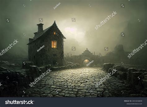 Medieval Town Architecture Night Digital Art Stock Illustration ...