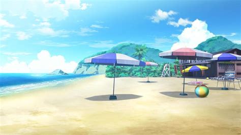 an animated beach scene with umbrellas and chairs on the sand near the water's edge