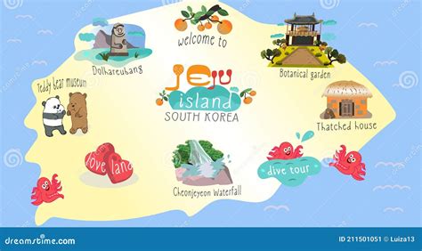 Vector Illustration Of Jeju Island. Jeju-do Map With Jeju Attractions: Botanical Garden, Bear ...