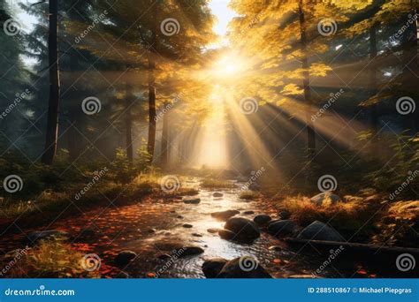 A Sunrise in a Misty Forest Stock Illustration - Illustration of scene, tranquil: 288510867