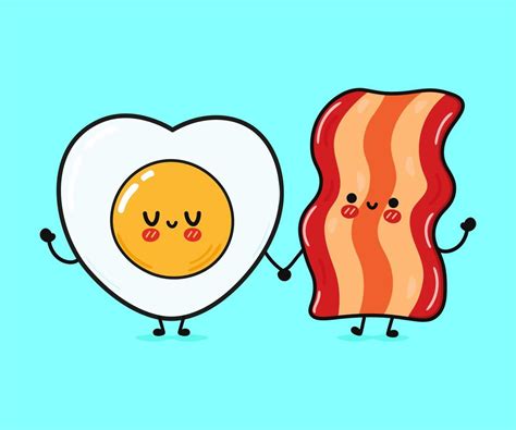 Cute, funny happy bacon and fried eggs. Vector hand drawn cartoon kawaii characters ...