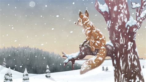 Download wallpaper 3840x2160 fox, tree, snow, winter, art 4k uhd 16:9 hd background