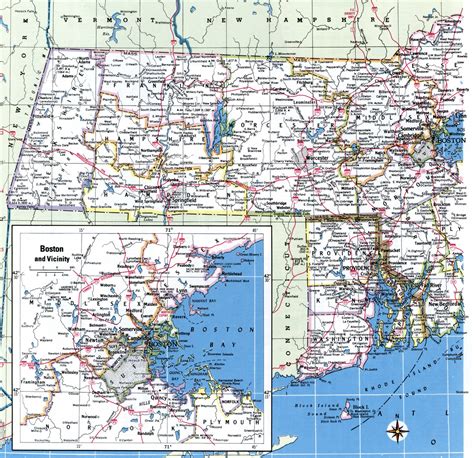 Map of Massachusetts showing county with cities,road highways,counties,towns