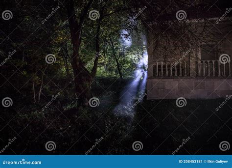 Mountain Night Landscape of Building at Forest at Night with Moon or Vintage Country House at ...