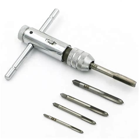 M3 M8 T Handle Ratchet Tap Wrench Machinist Tool + 5pcs Screw Tap Hand Tap Drill Tapping Tool ...