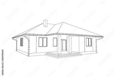 Building perspective 3D. Drawing of the suburban house. Outlines cottage on white background ...