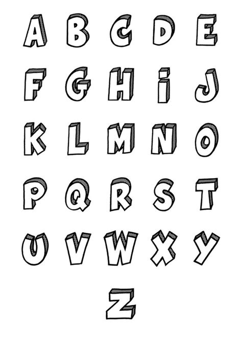 the alphabet is drawn in black and white, with letters on each letter to spell it