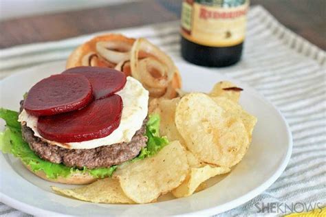 Aussie burger with beets and a fried egg