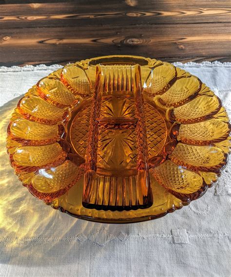 Vintage Deviled Egg Plate Retro Amber Glass Deviled Egg Plate | Etsy