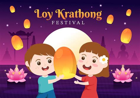 Loy Krathong Festival Celebration in Thailand Template Hand Drawn ...