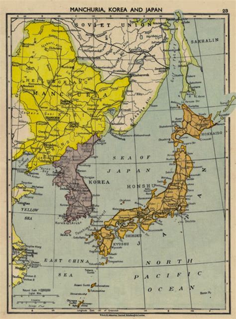 Map of Japan, Manchuria and Korea in English. From 1940s atlas. Japan Image, Eye Print, Birds ...