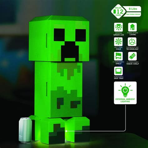 Minecraft Green Creeper Body 12 Can Mini Fridge 8L 2 Door Ambient Lighting 25.2" H 9.5" W 9.1" D ...