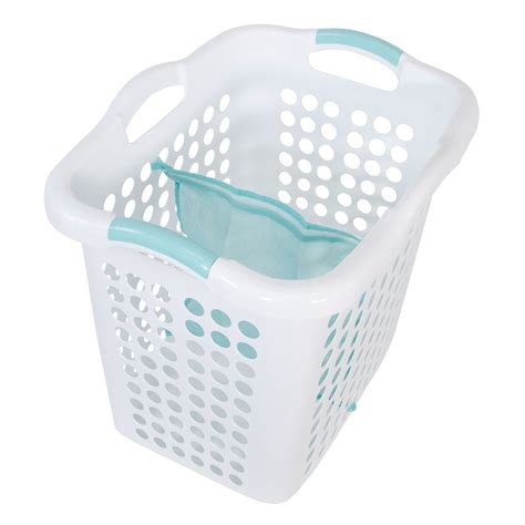 a white plastic laundry basket with blue handles