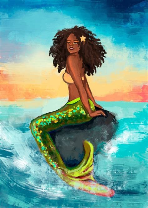 Mermaid Art, Mermaids, Art Print, Mermaid Decor, African American Mermaid, Beach House Decor ...