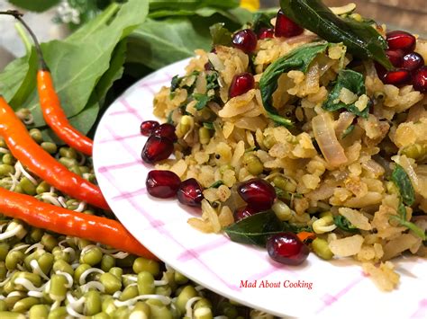 Spinach Sprouts Brown Poha – Iron Rich Breakfast – Mad About Cooking