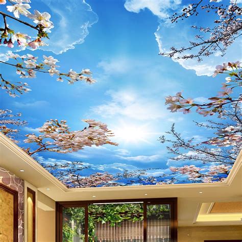 Custom Wallpaper Sky Clouds Cherry Blossoms Ceiling Mural | BVM Home