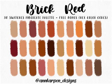 Brick Red Procreate Palette, 30 HEX Color Codes, Instant Digital ...