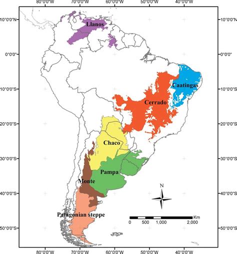 Map of South America Rangelands distributions and extension. Regions ...