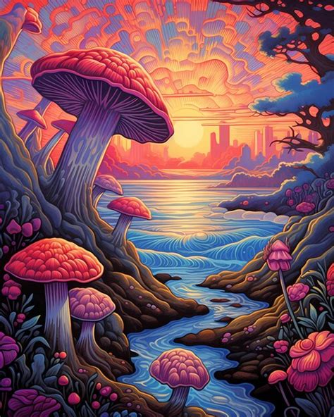 Premium AI Image | A painting of a forest with a colorful mushroom and a river in the background