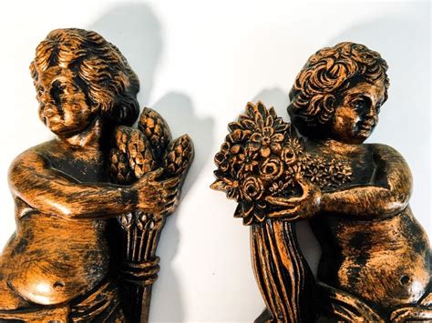 Vintage Pair Cherub Mid Century Wall Decor - 2 Copper Colored Angels