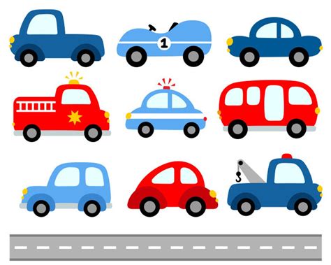 Cute Cars Digital Clip Art, Transportation Clipart, Blue Red Vehicle Illustration, Fire Truck ...