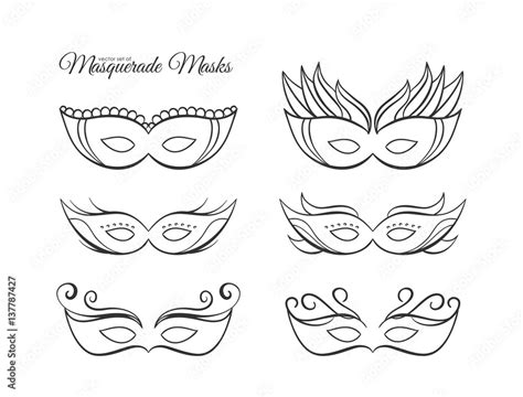 Vector illustration: Set of hand drawn outline masquerade masks. Stock ...