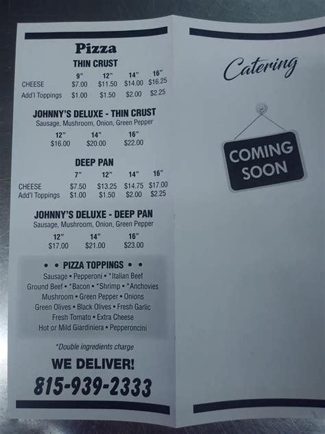 Menu at Johnny's Pizza pizzeria, Kankakee