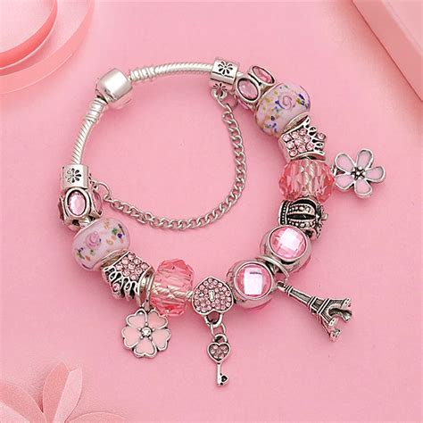 Hot Pink Flower Heart Crown Charm Pandora Bracelet Diy Crystal Bead ...