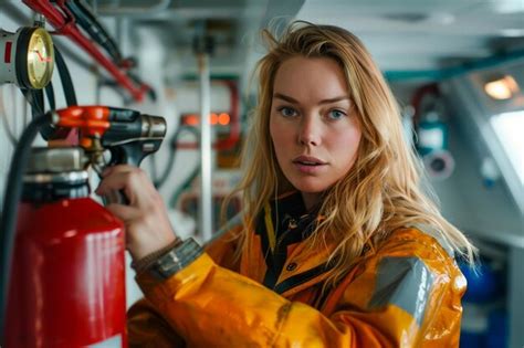 Premium Photo | Confident Female Engineer Inspecting Fire Safety Equipment on Industrial Ship