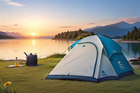 Premium Photo | Camping tent on the shore of lake at sunset Beautiful ...