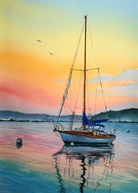 ORIGINAL Watercolor Painting The Lonely Boat Yacht Watercolor Boat, Watercolor Landscape ...