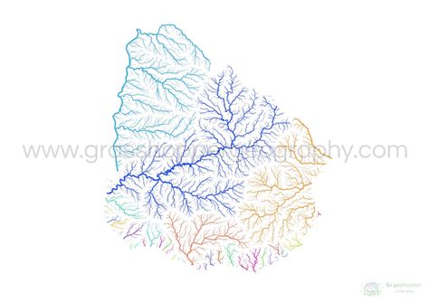 River basin map of Uruguay, rainbow colours on white Fine Art Print – Grasshopper Geography