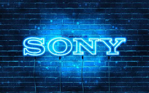 Download wallpapers Sony blue logo, 4k, blue brickwall, Sony logo, brands, Sony neon logo, Sony ...