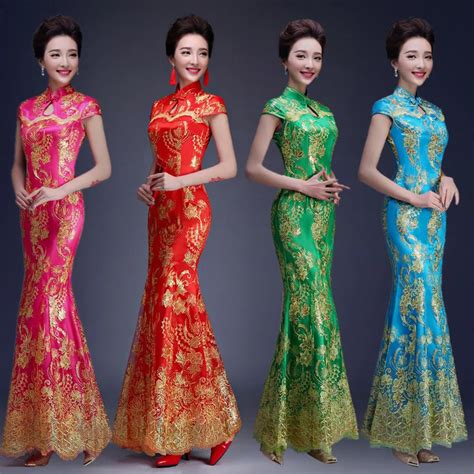 Red Blue Green Color Luxury Chinese Traditional Wedding Dress Qipao ...