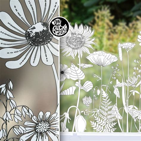 Retro Floral Frosted Window Decal Border Black and White Flower Privacy Window Film Reusable ...