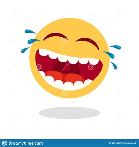 Laughing smiley emoticon. Cartoon happy face with laughing mouth and tears. Loud laugh vector ...