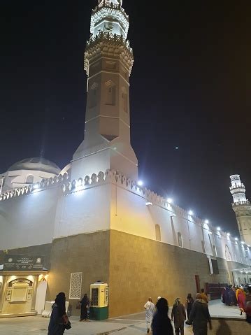 Beautiful Exterior View Of Masjid Quba In Night Lights Stock Photo ...