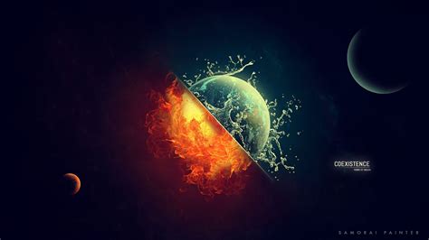 digital Art, Space, Universe, Planet, Sun, Moon, Earth, Fire, Burning, Water, Splashes, Coexist ...