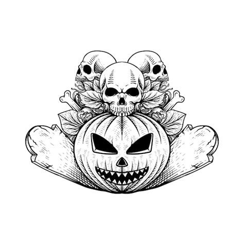 Premium Vector | Tattoo design hand drawn pumpkin with skull halloween ...