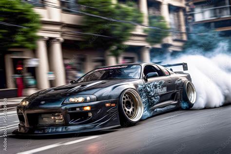 Tuned Toyota Supra drifting through Los Angeles. Generative AI. Stock ...