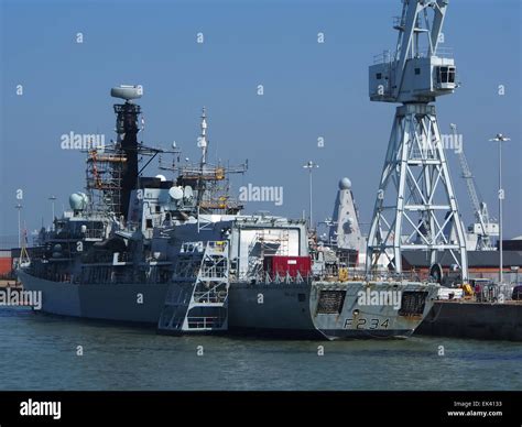 Type 23 Duke class frigate HMS Iron Duke F234 undergoing maintenance in Portsmouth Dockyard ...