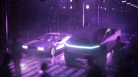 Tesla Cybertruck And Delorean Synthwave 4k Tesla Cybertruck And ...