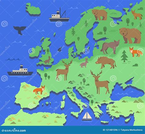 Stylized Map of Europe with Indigenous Animals and Nature Symbols. Simple Geographical Map Stock ...