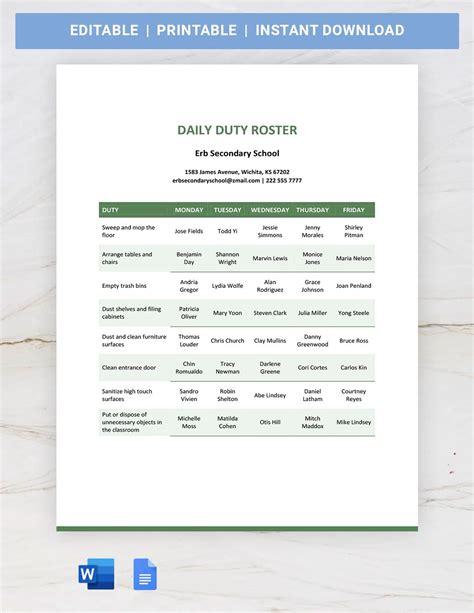 Monthly Duty Roster Template in Google Docs, Word - Download | Template.net