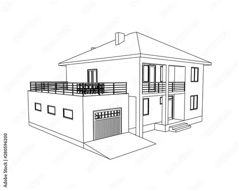 Building perspective 3D. Drawing of the suburban house. Outlines cottage on white background ...