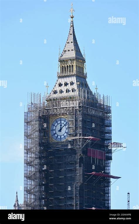 Big Ben Renovation, clock face revealed as scaffolding is removed. Houses of Parliament ...